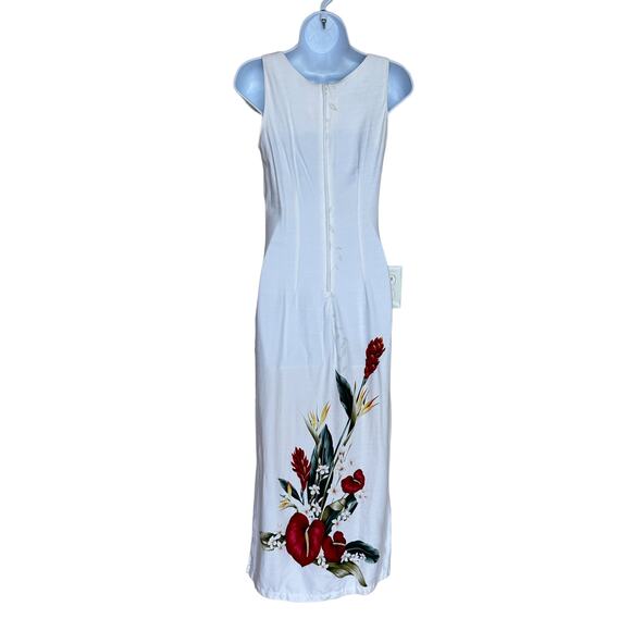 Hawaiian White Sheath Maxi Dress SMALL Sleeveless Hibiscus Vintage 90s Vacation - Picture 2 of 5